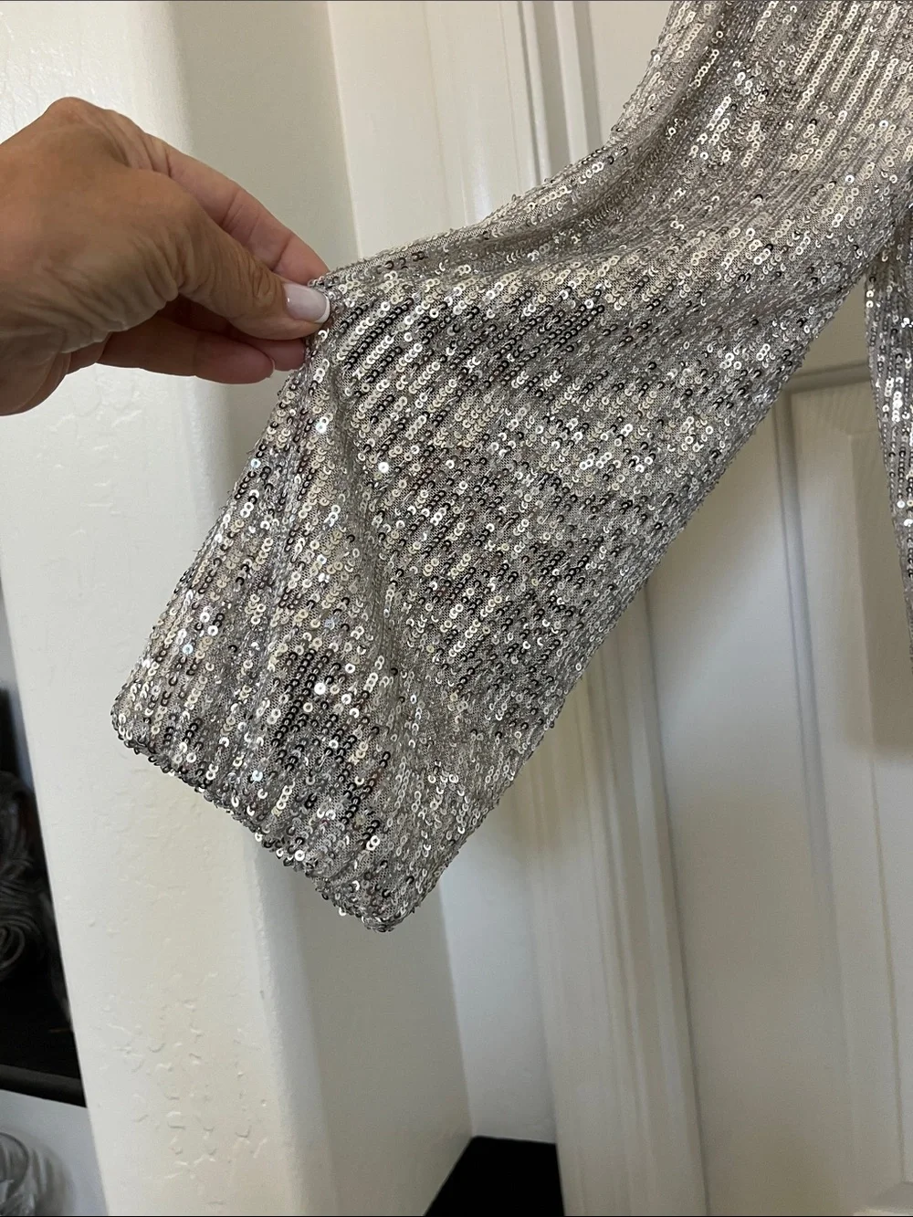 LOFT Silver Sequin Bomber with Ribbed Trim